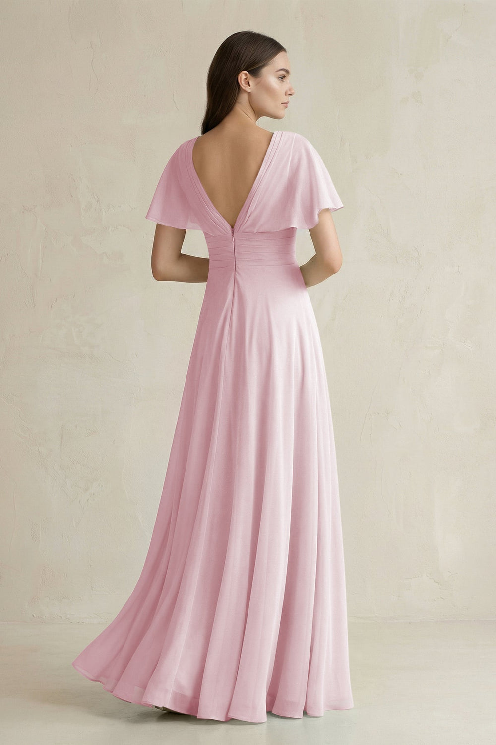 V - Neck Ruffled Sleeve A - Line Chiffon Bridesmaid Dress in Candy Pink - KissProm Bridesmaid Dresses