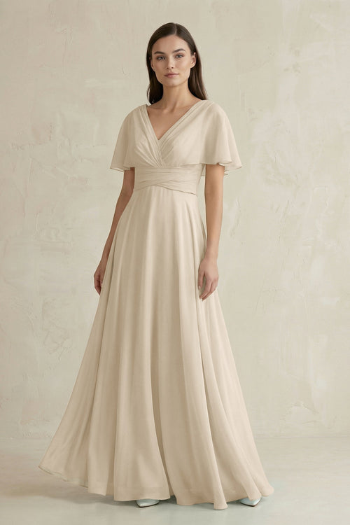 V - Neck Ruffled Sleeve A - Line Chiffon Bridesmaid Dress in Champagne - KissProm Bridesmaid Dresses