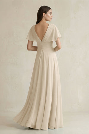 V - Neck Ruffled Sleeve A - Line Chiffon Bridesmaid Dress in Champagne - KissProm Bridesmaid Dresses