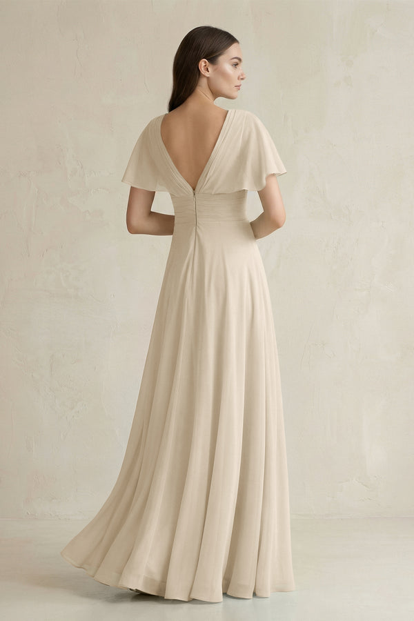 V - Neck Ruffled Sleeve A - Line Chiffon Bridesmaid Dress in Champagne - KissProm Bridesmaid Dresses