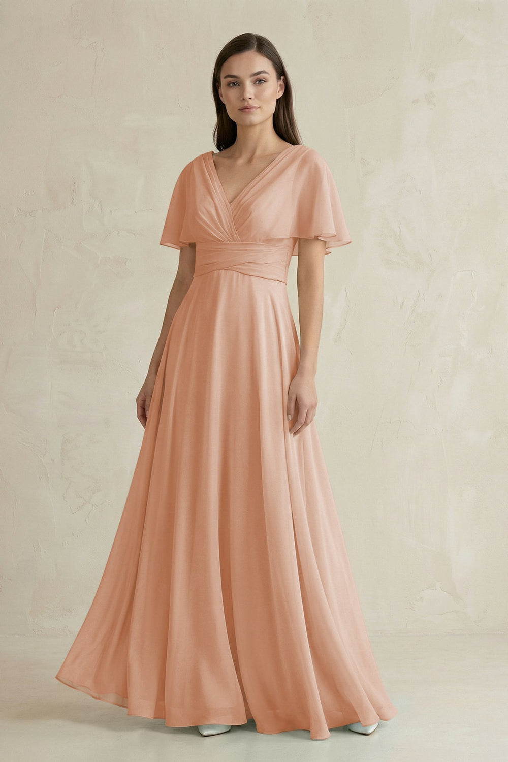V - Neck Ruffled Sleeve A - Line Chiffon Bridesmaid Dress in Champagne Rose - KissProm Bridesmaid Dresses