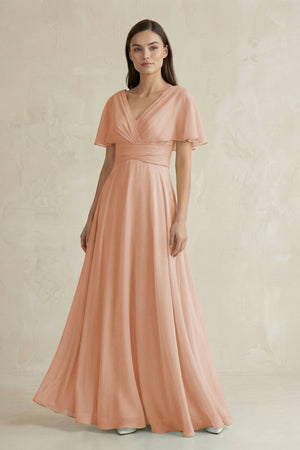 V - Neck Ruffled Sleeve A - Line Chiffon Bridesmaid Dress in Champagne Rose - KissProm Bridesmaid Dresses