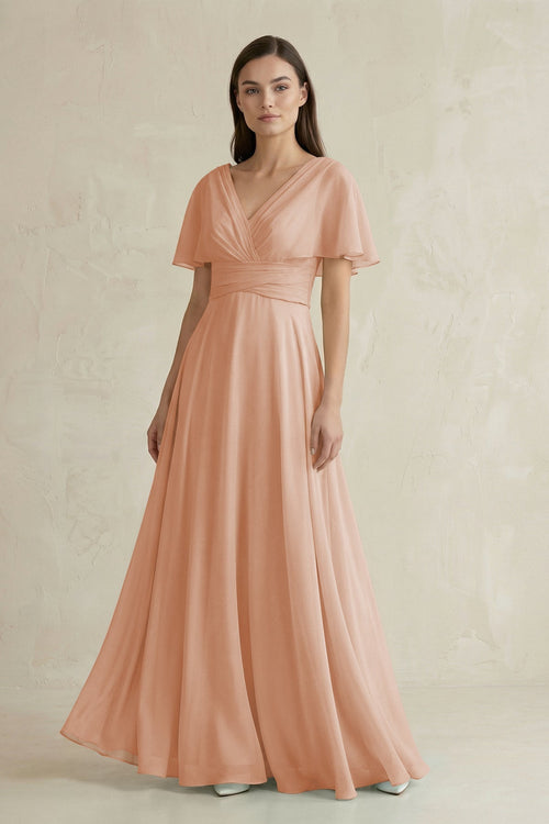 V - Neck Ruffled Sleeve A - Line Chiffon Bridesmaid Dress in Champagne Rose - KissProm Bridesmaid Dresses