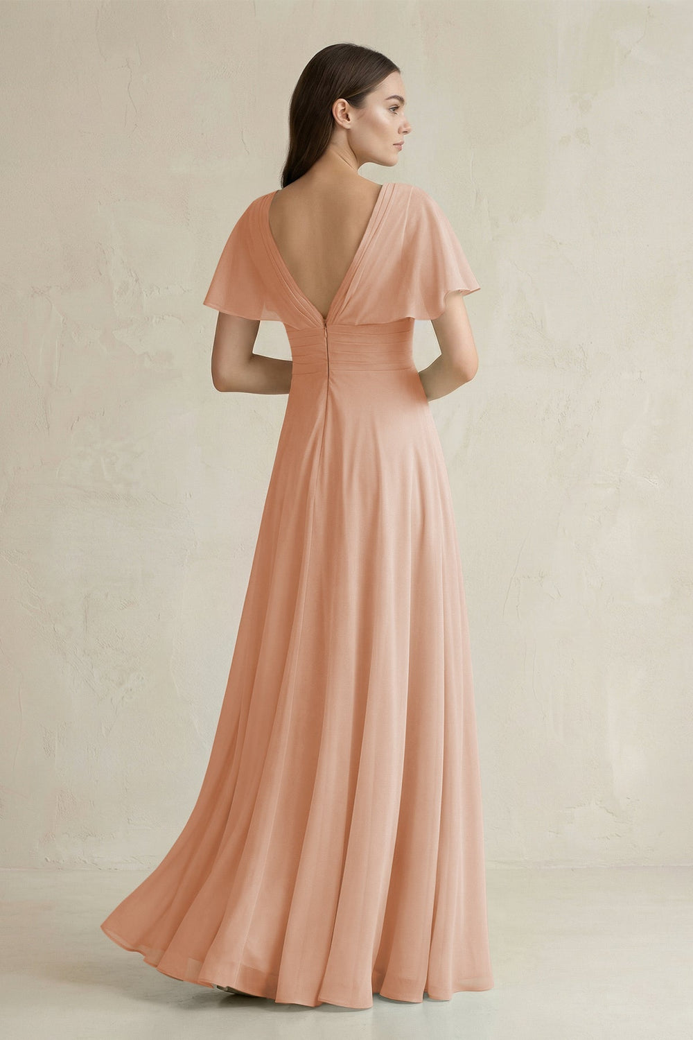 V - Neck Ruffled Sleeve A - Line Chiffon Bridesmaid Dress in Champagne Rose - KissProm Bridesmaid Dresses
