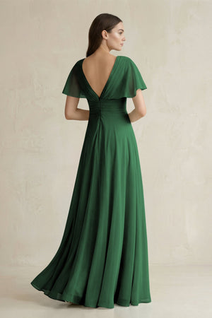 V - Neck Ruffled Sleeve A - Line Chiffon Bridesmaid Dress in Dark Green - KissProm Bridesmaid Dresses