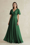 V - Neck Ruffled Sleeve A - Line Chiffon Bridesmaid Dress in Dark Green - KissProm Bridesmaid Dresses