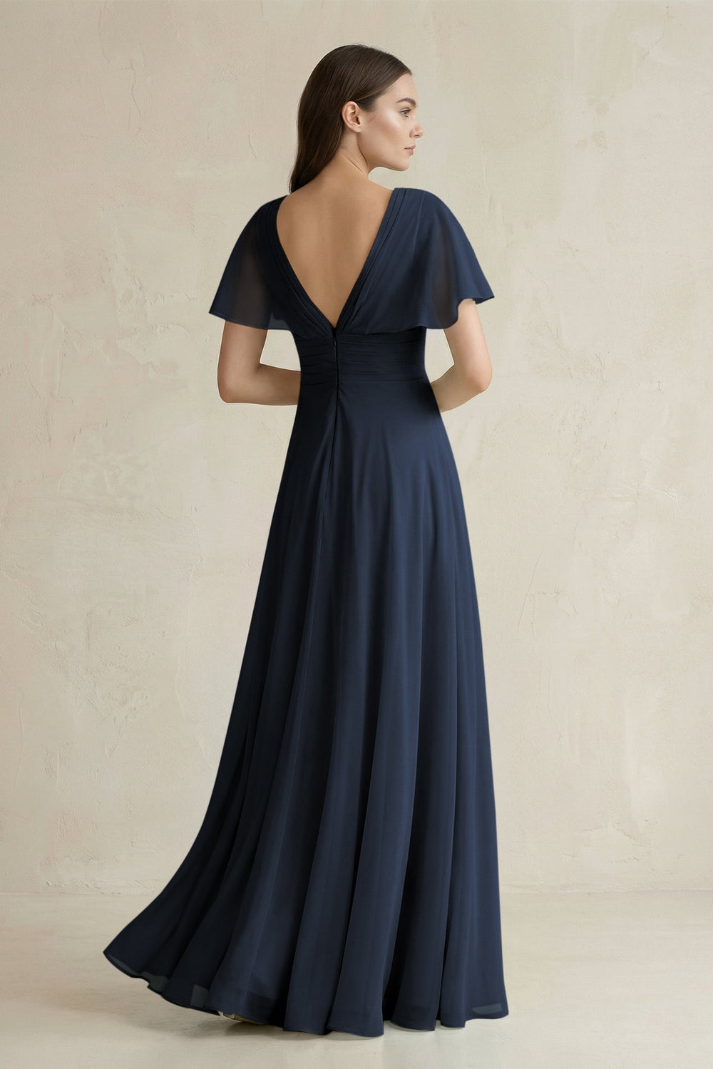 V - Neck Ruffled Sleeve A - Line Chiffon Bridesmaid Dress in Dark Navy - KissProm Bridesmaid Dresses