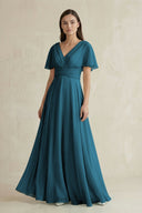 V - Neck Ruffled Sleeve A - Line Chiffon Bridesmaid Dress in Dark Teal - KissProm Bridesmaid Dresses