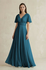 V - Neck Ruffled Sleeve A - Line Chiffon Bridesmaid Dress in Dark Teal - KissProm Bridesmaid Dresses
