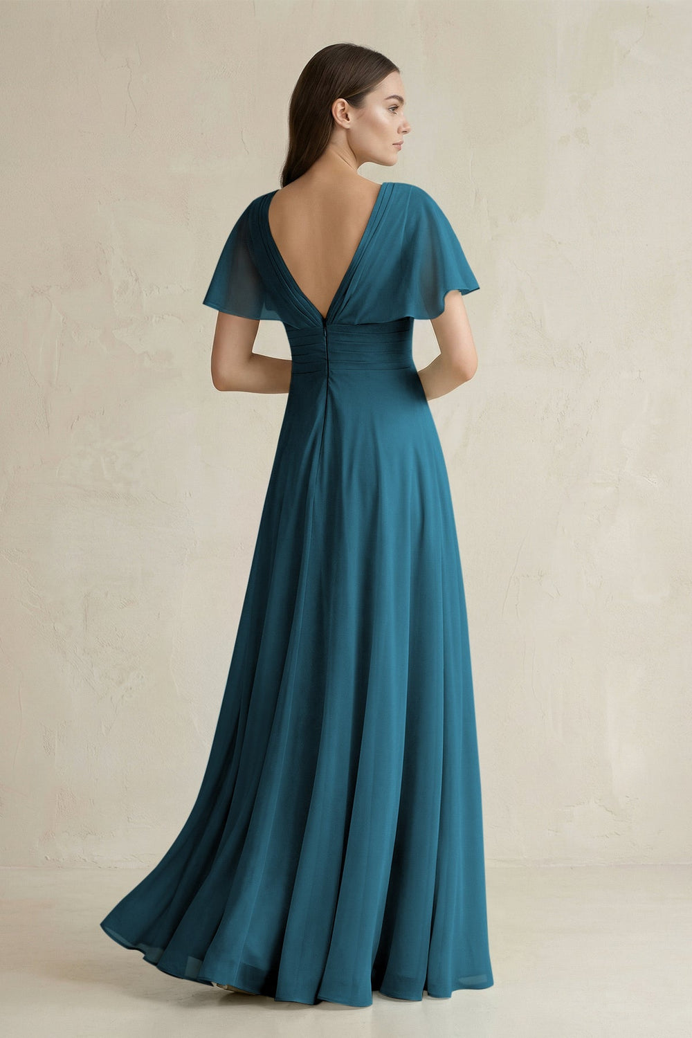 V - Neck Ruffled Sleeve A - Line Chiffon Bridesmaid Dress in Dark Teal - KissProm Bridesmaid Dresses