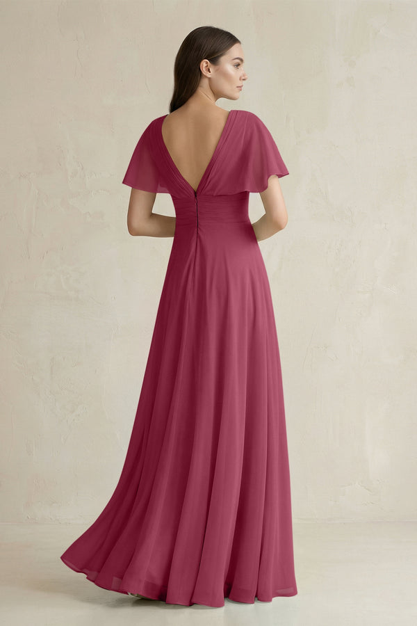 V - Neck Ruffled Sleeve A - Line Chiffon Bridesmaid Dress in Desert Rose - KissProm Bridesmaid Dresses
