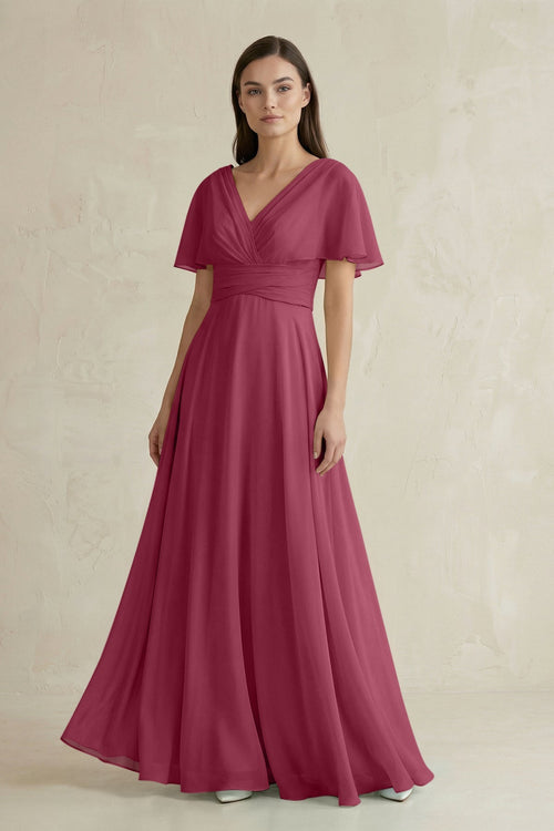 V - Neck Ruffled Sleeve A - Line Chiffon Bridesmaid Dress in Desert Rose - KissProm Bridesmaid Dresses