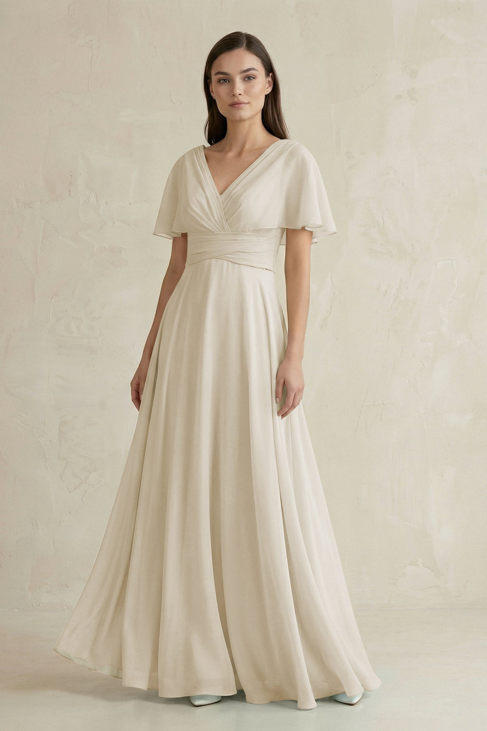 V - Neck Ruffled Sleeve A - Line Chiffon Bridesmaid Dress in Dove Gray - KissProm Bridesmaid Dresses