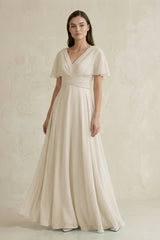 V - Neck Ruffled Sleeve A - Line Chiffon Bridesmaid Dress in Dove Gray - KissProm Bridesmaid Dresses