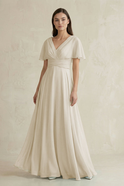 V - Neck Ruffled Sleeve A - Line Chiffon Bridesmaid Dress in Dove Gray - KissProm Bridesmaid Dresses