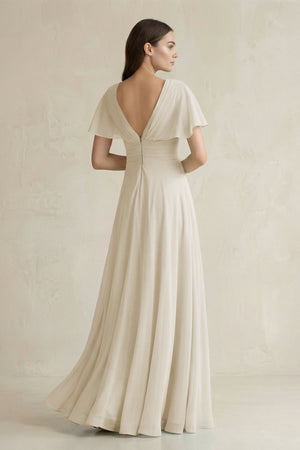 V - Neck Ruffled Sleeve A - Line Chiffon Bridesmaid Dress in Dove Gray - KissProm Bridesmaid Dresses