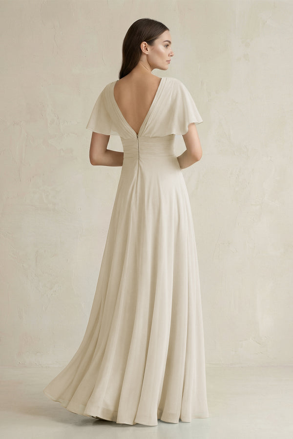 V - Neck Ruffled Sleeve A - Line Chiffon Bridesmaid Dress in Dove Gray - KissProm Bridesmaid Dresses