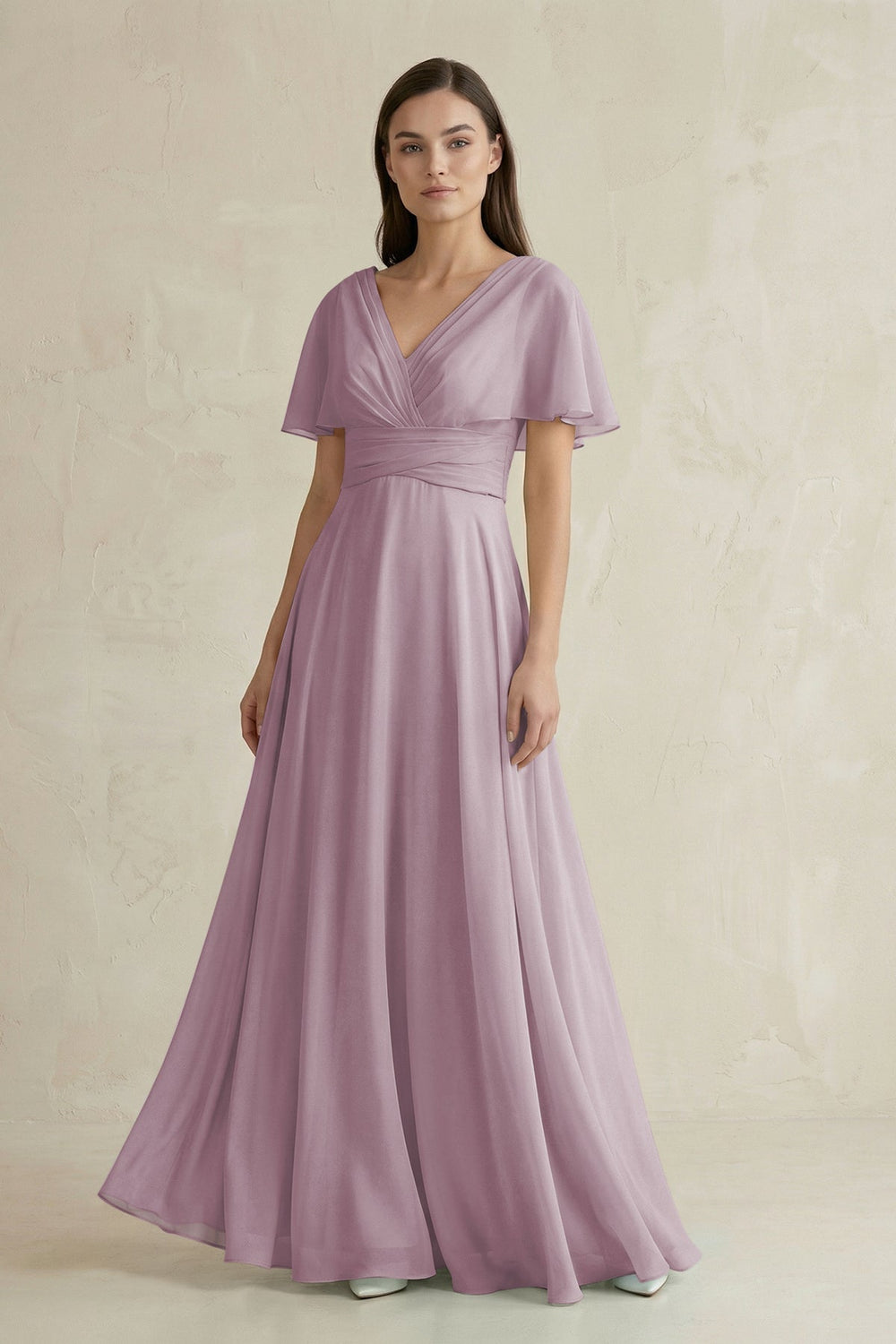V - Neck Ruffled Sleeve A - Line Chiffon Bridesmaid Dress in Dusk - KissProm Bridesmaid Dresses
