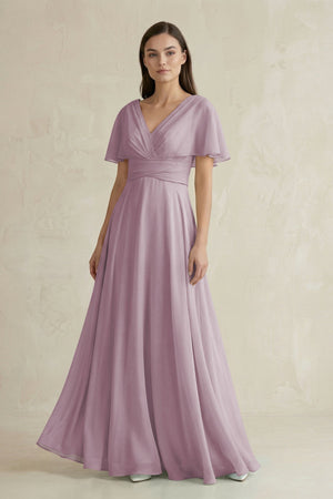 V - Neck Ruffled Sleeve A - Line Chiffon Bridesmaid Dress in Dusk - KissProm Bridesmaid Dresses
