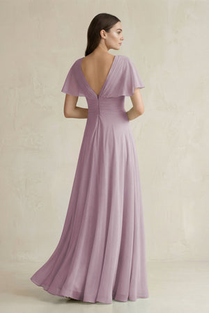 V - Neck Ruffled Sleeve A - Line Chiffon Bridesmaid Dress in Dusk - KissProm Bridesmaid Dresses