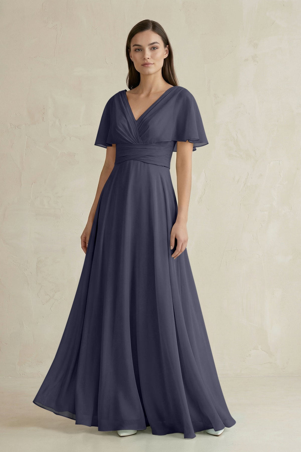 V - Neck Ruffled Sleeve A - Line Chiffon Bridesmaid Dress in Dusk Blue - KissProm Bridesmaid Dresses