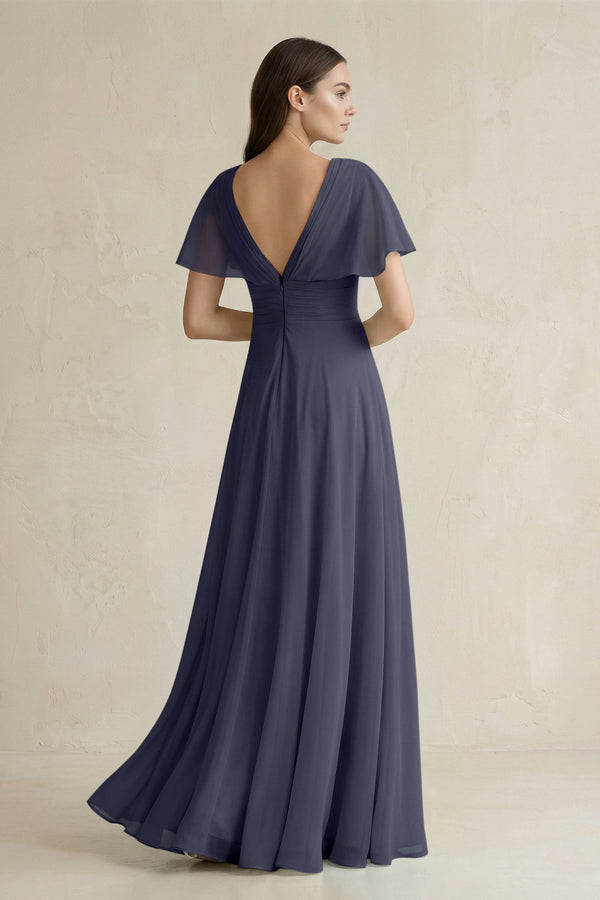 V - Neck Ruffled Sleeve A - Line Chiffon Bridesmaid Dress in Dusk Blue - KissProm Bridesmaid Dresses