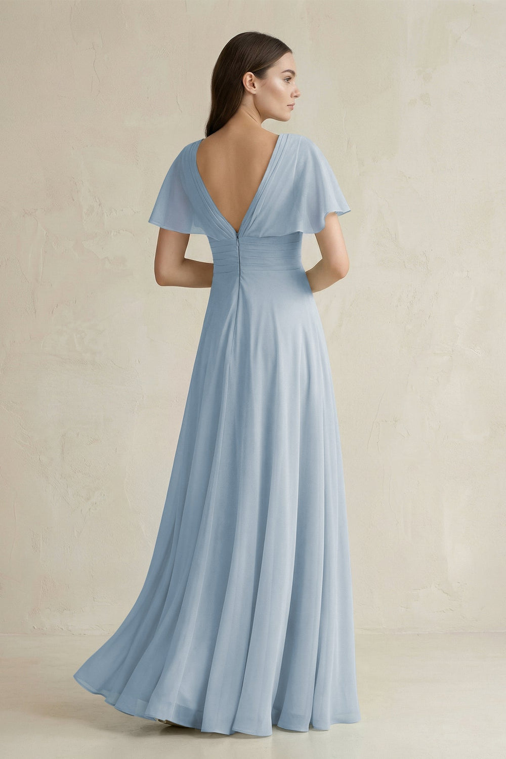 V - Neck Ruffled Sleeve A - Line Chiffon Bridesmaid Dress in Dusty Blue - KissProm Bridesmaid Dresses