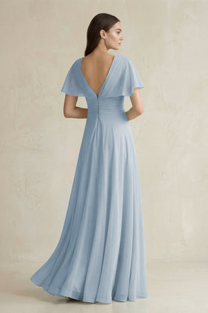 V - Neck Ruffled Sleeve A - Line Chiffon Bridesmaid Dress in Dusty Blue - KissProm Bridesmaid Dresses