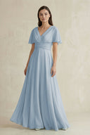 V - Neck Ruffled Sleeve A - Line Chiffon Bridesmaid Dress in Dusty Blue - KissProm Bridesmaid Dresses