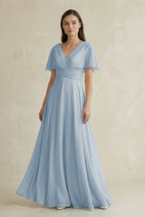 V - Neck Ruffled Sleeve A - Line Chiffon Bridesmaid Dress in Dusty Blue - KissProm Bridesmaid Dresses