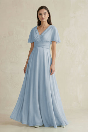 V - Neck Ruffled Sleeve A - Line Chiffon Bridesmaid Dress in Dusty Blue - KissProm Bridesmaid Dresses