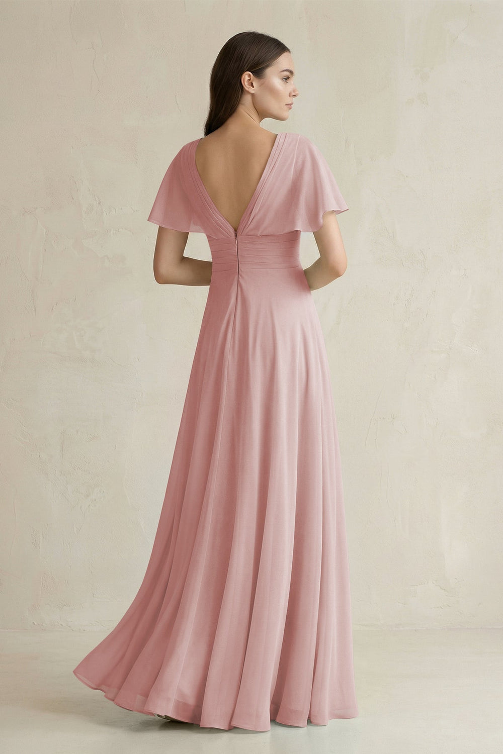 V - Neck Ruffled Sleeve A - Line Chiffon Bridesmaid Dress in Dusty Rose - KissProm Bridesmaid Dresses