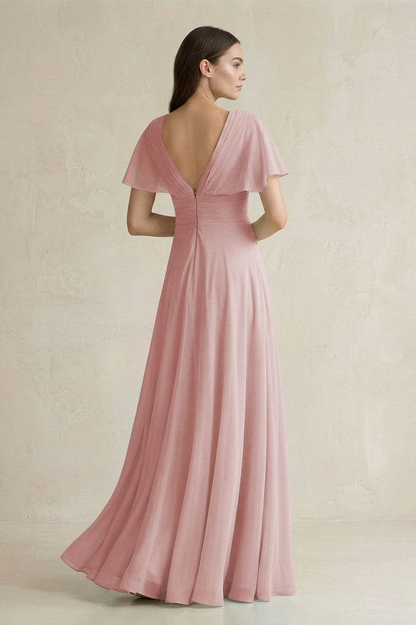 V - Neck Ruffled Sleeve A - Line Chiffon Bridesmaid Dress in Dusty Rose - KissProm Bridesmaid Dresses