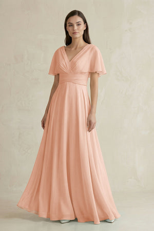 V - Neck Ruffled Sleeve A - Line Chiffon Bridesmaid Dress in English Rose - KissProm Bridesmaid Dresses