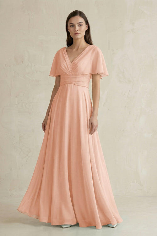 V - Neck Ruffled Sleeve A - Line Chiffon Bridesmaid Dress in English Rose - KissProm Bridesmaid Dresses