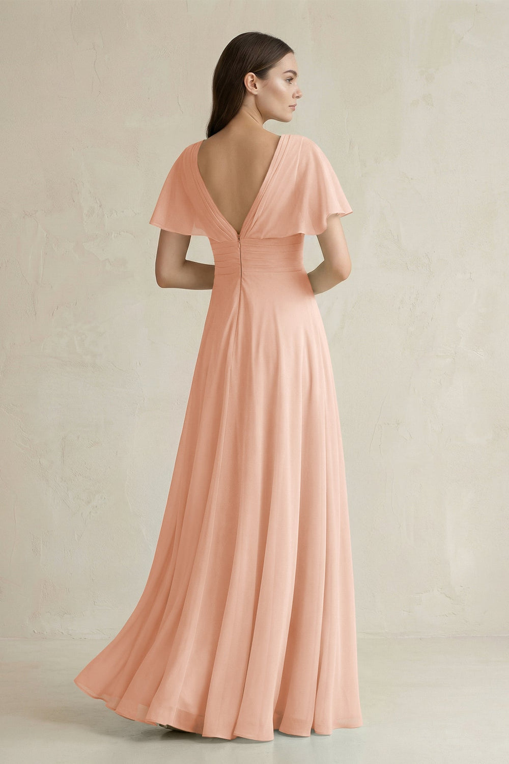 V - Neck Ruffled Sleeve A - Line Chiffon Bridesmaid Dress in English Rose - KissProm Bridesmaid Dresses