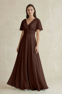 V - Neck Ruffled Sleeve A - Line Chiffon Bridesmaid Dress in Espresso - KissProm Bridesmaid Dresses