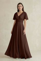 V - Neck Ruffled Sleeve A - Line Chiffon Bridesmaid Dress in Espresso - KissProm Bridesmaid Dresses