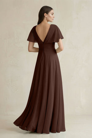 V - Neck Ruffled Sleeve A - Line Chiffon Bridesmaid Dress in Espresso - KissProm Bridesmaid Dresses