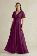 V - Neck Ruffled Sleeve A - Line Chiffon Bridesmaid Dress in Fig - KissProm Bridesmaid Dresses