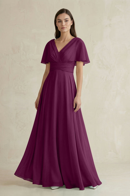 V - Neck Ruffled Sleeve A - Line Chiffon Bridesmaid Dress in Fig - KissProm Bridesmaid Dresses