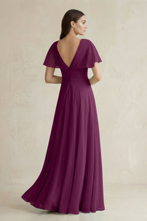 V - Neck Ruffled Sleeve A - Line Chiffon Bridesmaid Dress in Fig - KissProm Bridesmaid Dresses