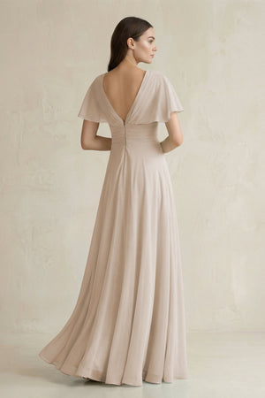 V - Neck Ruffled Sleeve A - Line Chiffon Bridesmaid Dress in Frost - KissProm Bridesmaid Dresses