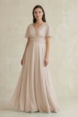 V - Neck Ruffled Sleeve A - Line Chiffon Bridesmaid Dress in Frost - KissProm Bridesmaid Dresses