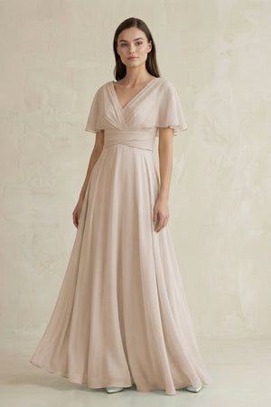 V - Neck Ruffled Sleeve A - Line Chiffon Bridesmaid Dress in Frost - KissProm Bridesmaid Dresses