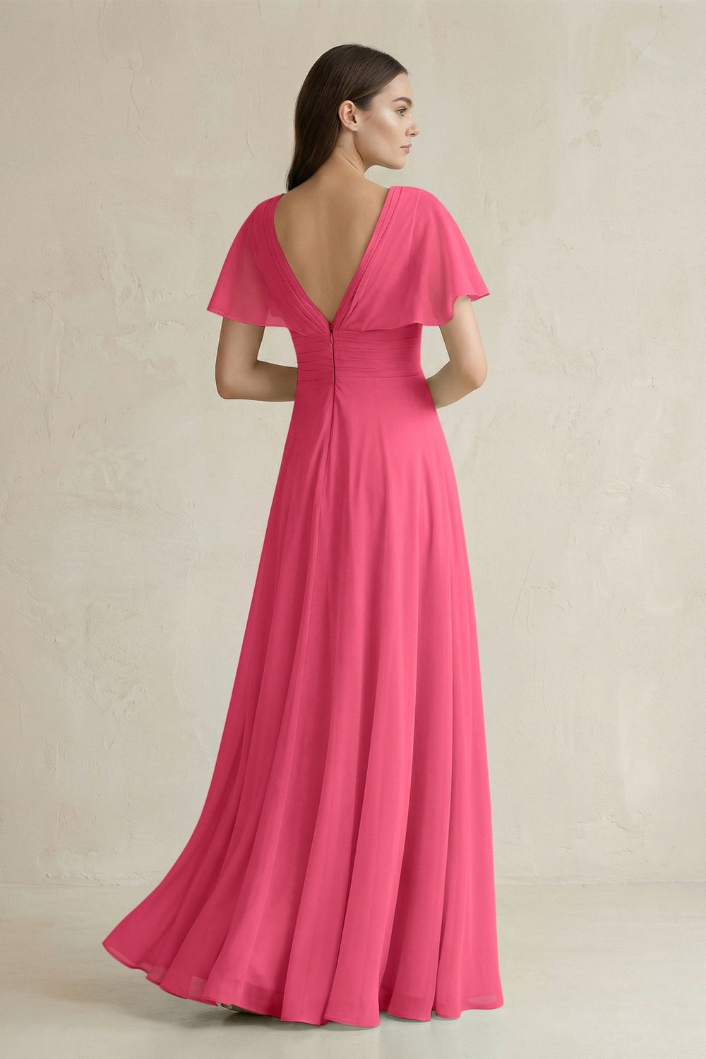 V - Neck Ruffled Sleeve A - Line Chiffon Bridesmaid Dress in Fuchsia - KissProm Bridesmaid Dresses