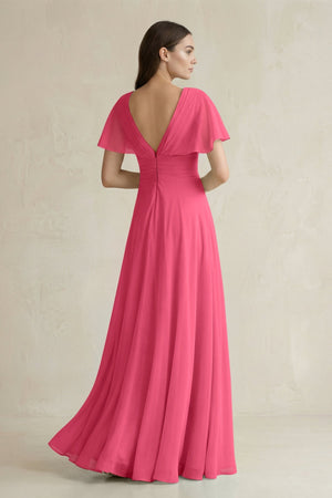 V - Neck Ruffled Sleeve A - Line Chiffon Bridesmaid Dress in Fuchsia - KissProm Bridesmaid Dresses
