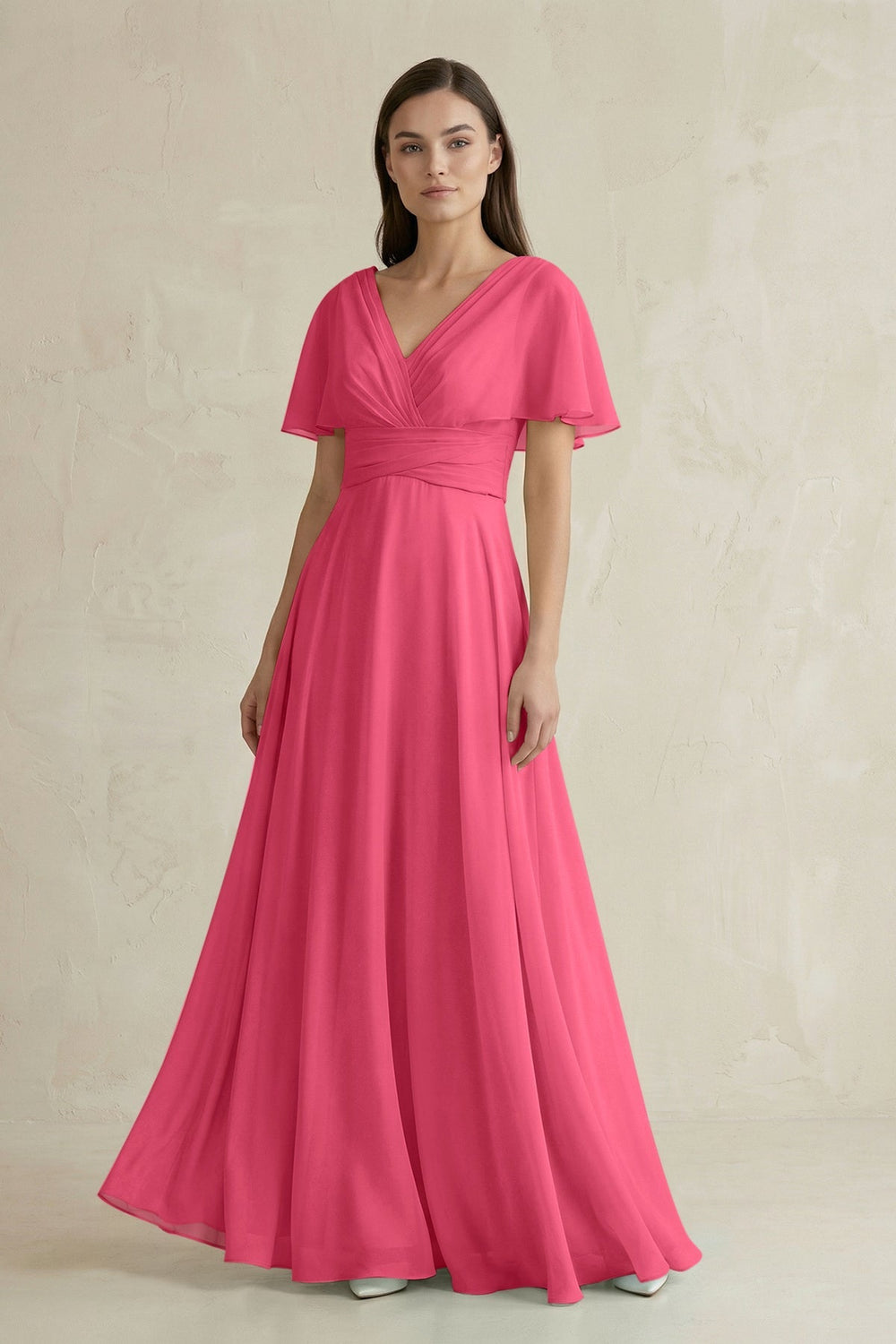 V - Neck Ruffled Sleeve A - Line Chiffon Bridesmaid Dress in Fuchsia - KissProm Bridesmaid Dresses