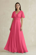 V - Neck Ruffled Sleeve A - Line Chiffon Bridesmaid Dress in Fuchsia - KissProm Bridesmaid Dresses
