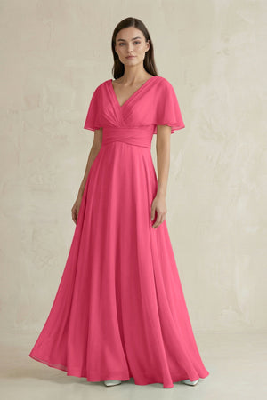 V - Neck Ruffled Sleeve A - Line Chiffon Bridesmaid Dress in Fuchsia - KissProm Bridesmaid Dresses